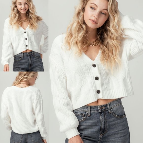 Love Tree Sweaters - NEW  Super Soft Cable V neck Cropped Knit Chenille Sweater Cardigan White